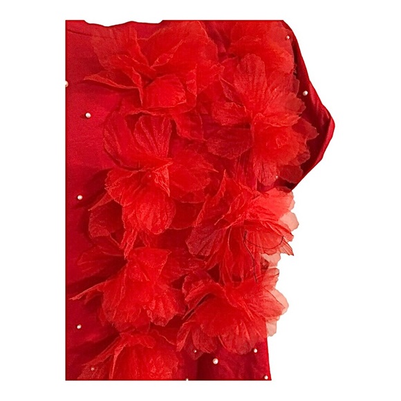 Red pearl adorned 3d floral embellished short sleeve shirt top  size XL new - Picture 6 of 12